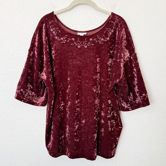 [J. Jill] Maroon Floral Embroidered Scoop Neck Velvet Blouse Boho Tunic Sz Large - Picture 1 of 10